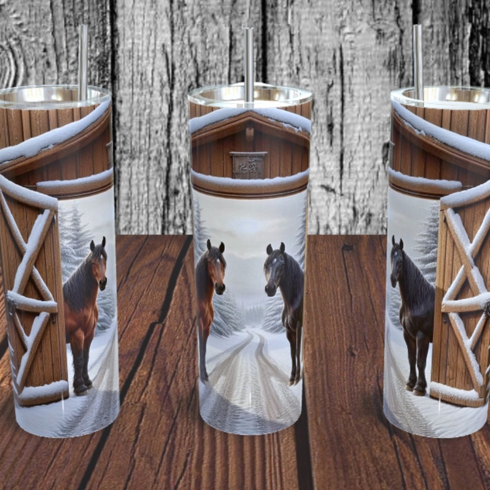 Horses with Winter Scene and Barn 20 oz Skinny Tumbler